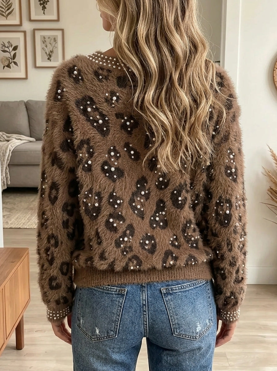 Women's Pearl Beaded Leopard Faux Fur Sweater