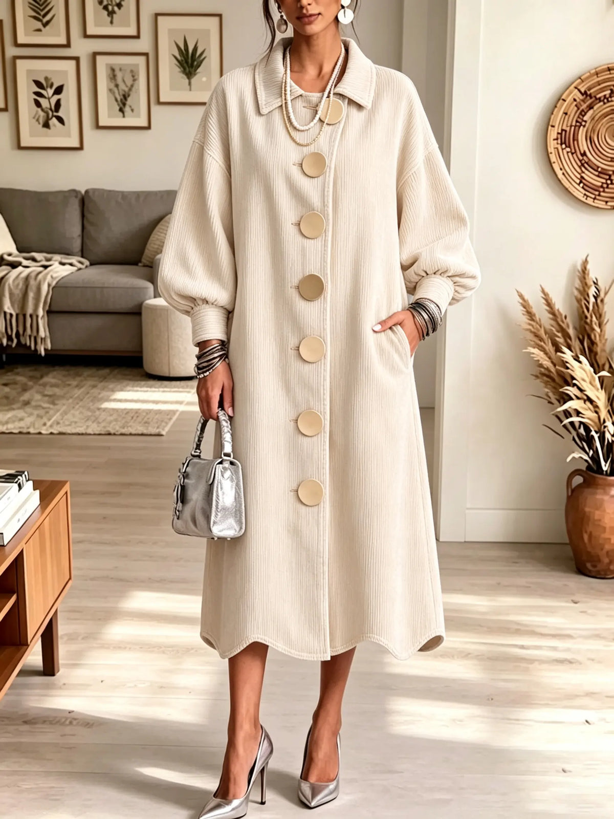 Women's Oversized Gold Button Long Denim Coat Dress