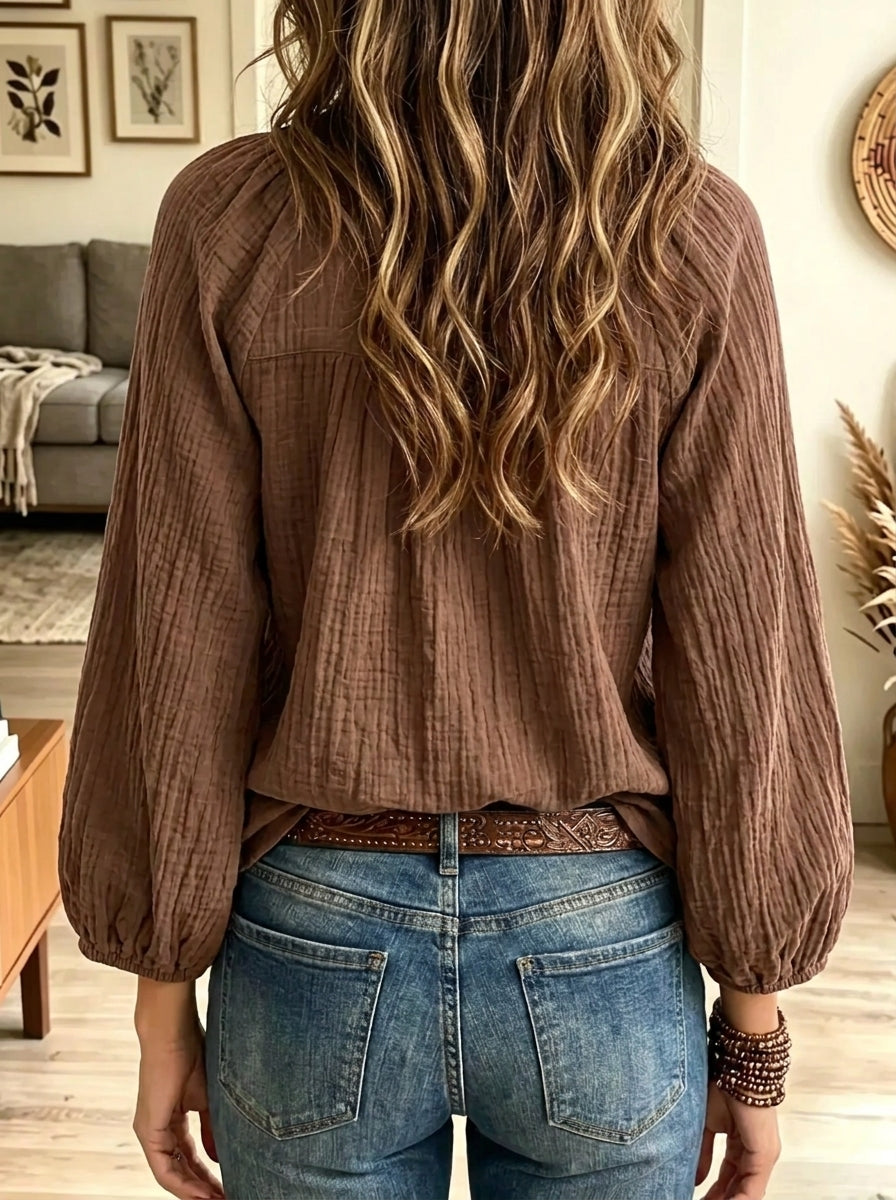 Women's Crinkle Textured Button-Down Bohemian Peasant Blouse