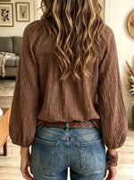 Women's Crinkle Textured Button-Down Bohemian Peasant Blouse