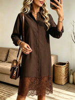 Women's Lace Trim Button-Down Linen Shirt Dress