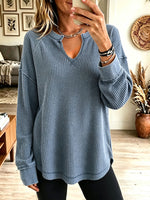 Women's Waffle Knit Long Sleeve Top, Notch V Neck Exposed Seam Loose Casual Tunic Shirt