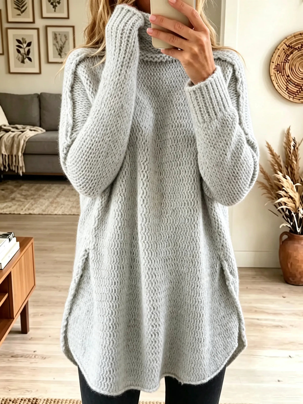 Women's Oversized Cable Knit Turtleneck Tunic Sweater