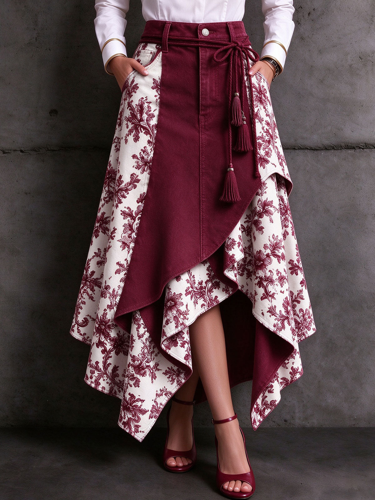 Women Burgundy Floral Print Patchwork Asymmetrical Midi Skirt