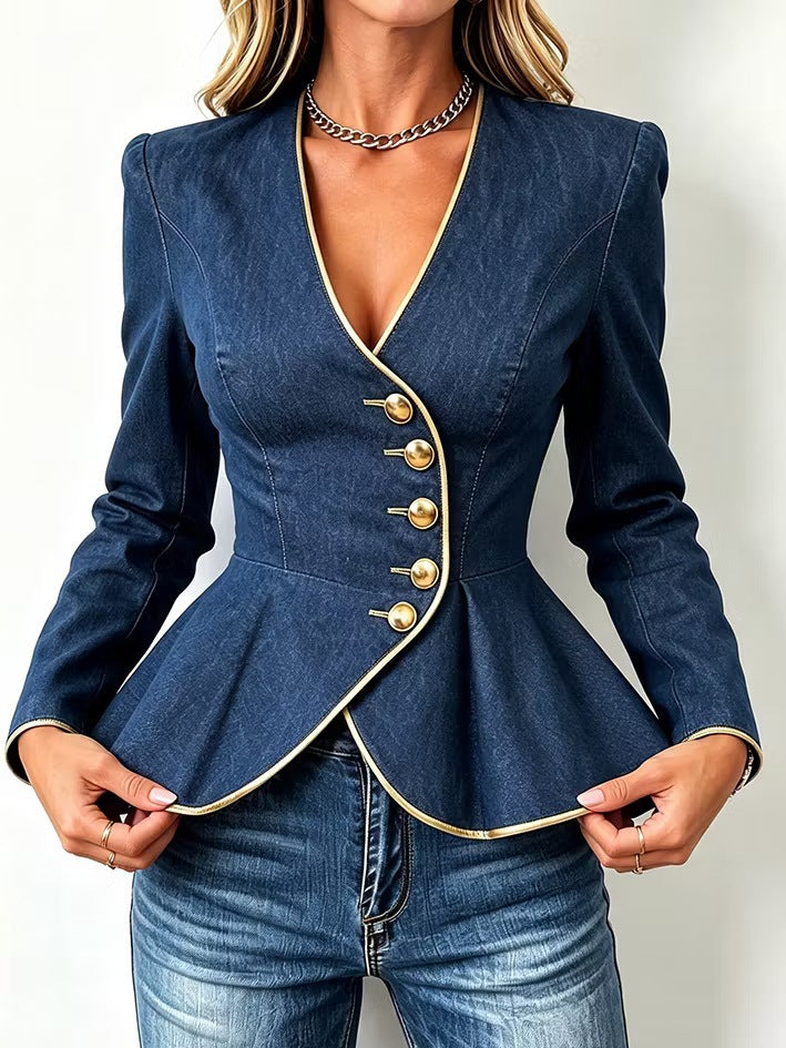 Women's Deep V Denim Coat, Belted Gold Button Mermaid Hem Retro Jean Jacket