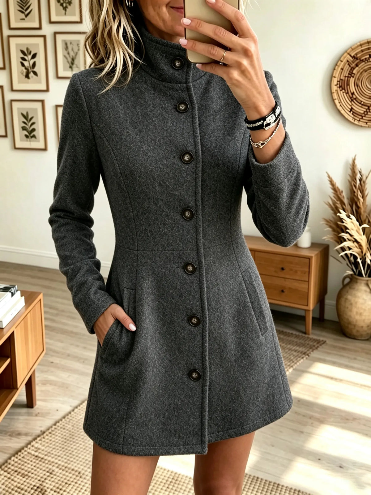 Women's Stand Collar Button-Front Woolen Coat Dress