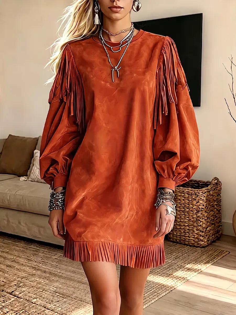 Vintage Elegant Suede Patchwork Tassels Dress