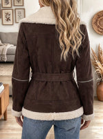 Women's Brown Suede Winter Jacket with Sherpa Fleece Trim and Belt
