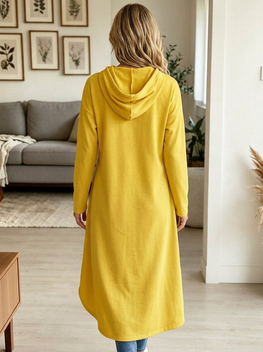 Women Yellow Hooded Drawstring Irregular High Low Long Tunic Sweatshirt