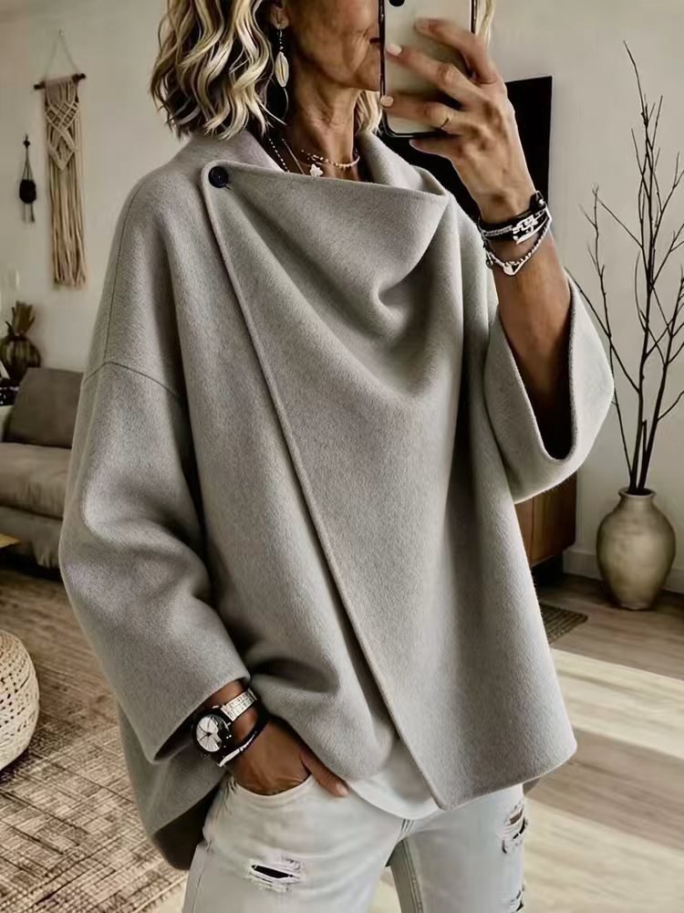 Women's Asymmetrical Button Wrap Collar Poncho Sweater