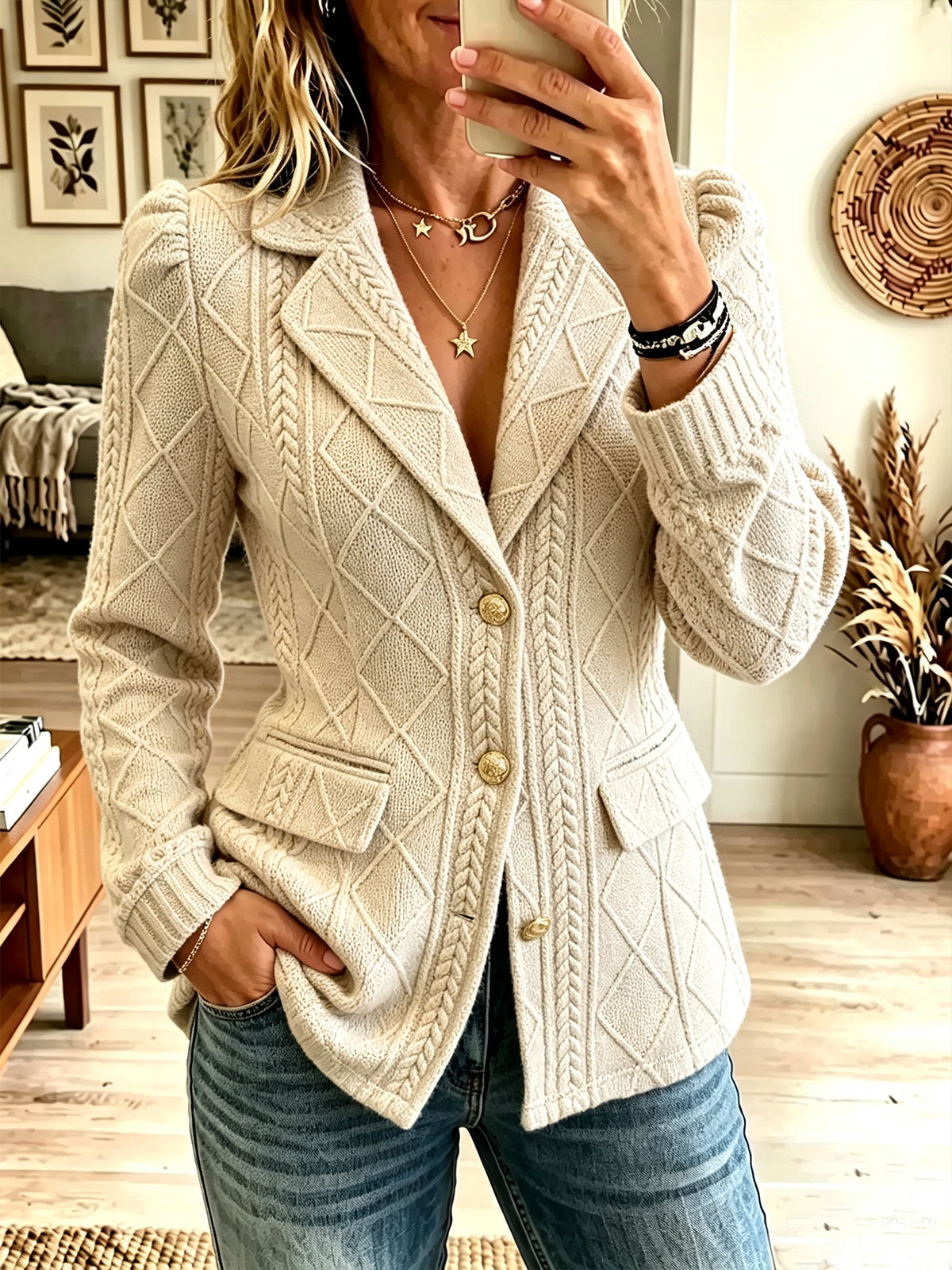 Women Cream Diamond Cable Knit Notched Lapel Blazer Cardigan