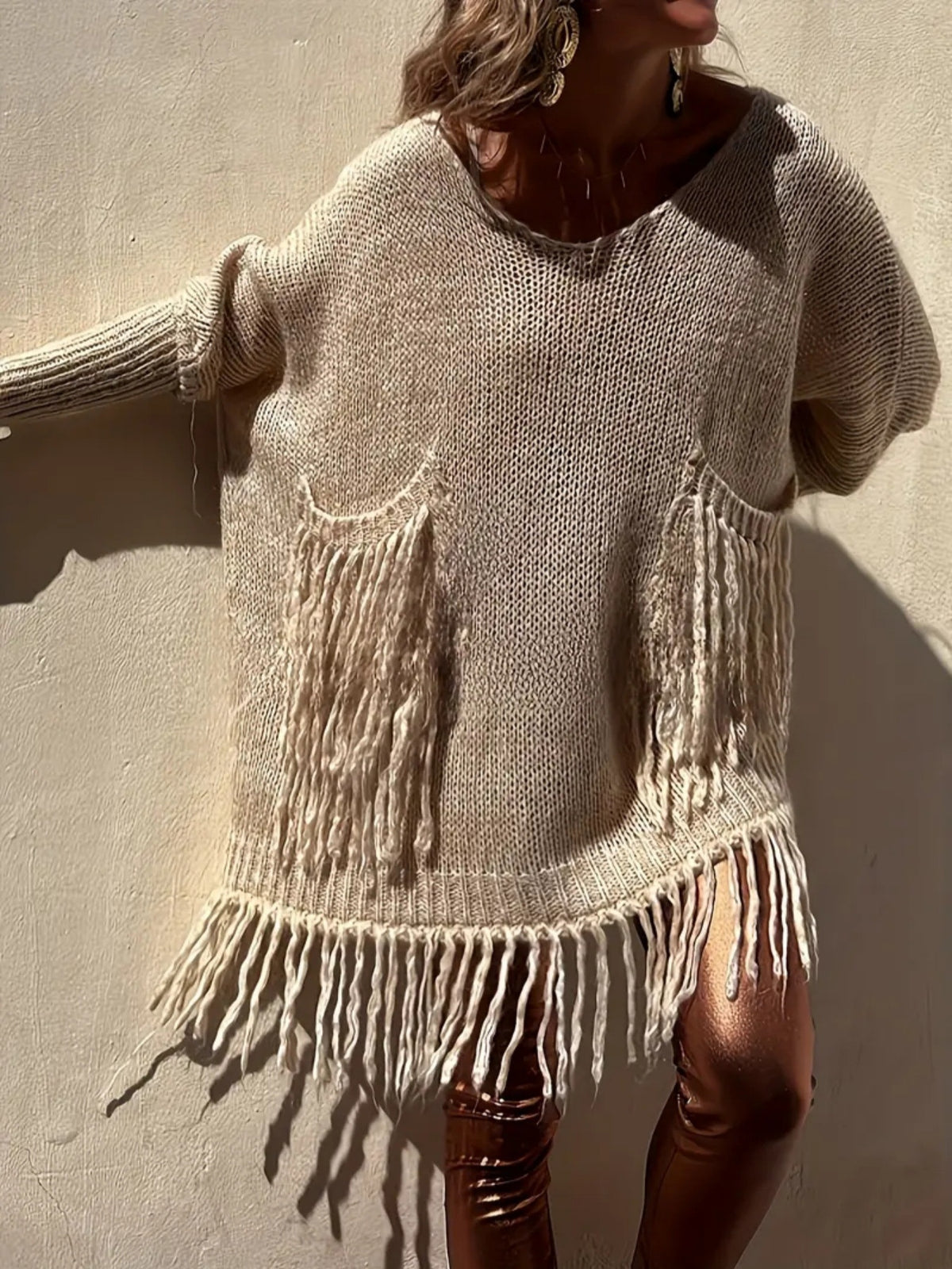 Women's V Neck Open Knit Fringe Tunic Sweater, Long Sleeve Boho Oversized Knit Top with Pockets