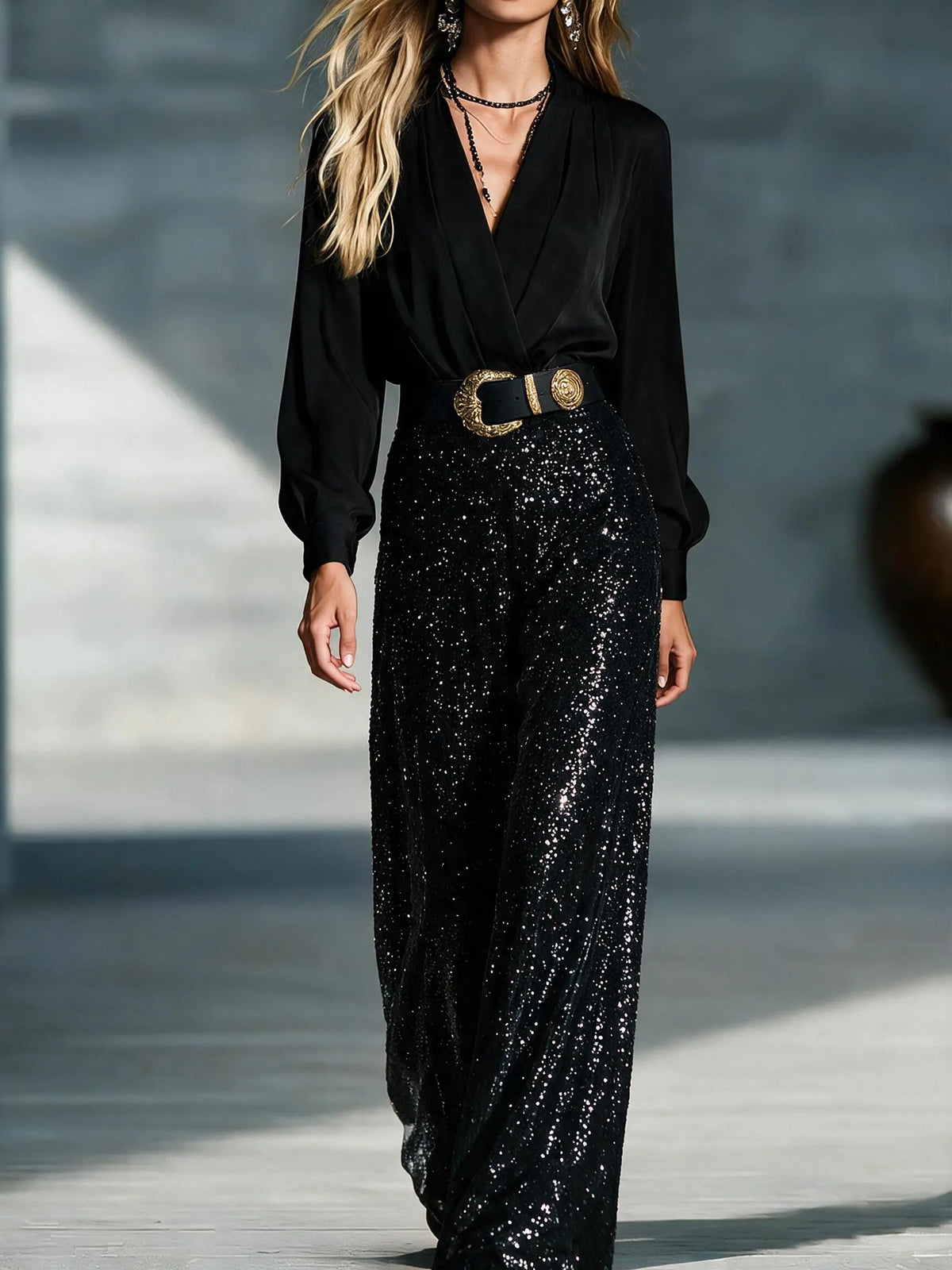 Glamorous V-Neck Long Sleeve Sequin Jumpsuit with Belt
