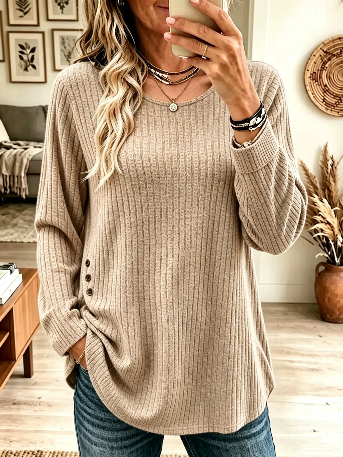 Women's Side Button Ribbed Knit Crewneck Tunic