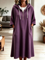 Women Purple Waffle Knit Half Zip Hooded Midi Dress With Pocket