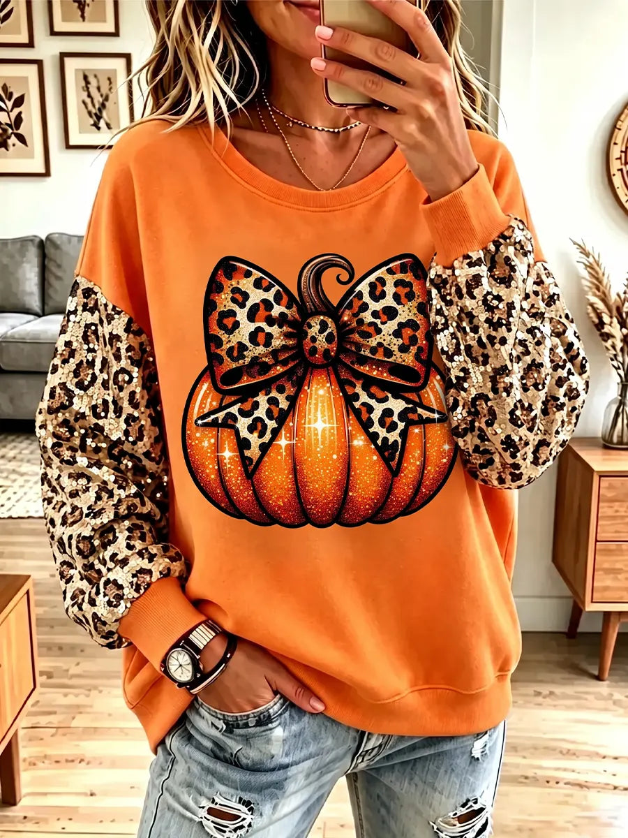 Vintage Elegant Sparkling Halloween Pumpkin Leopard Print Sweatshirt