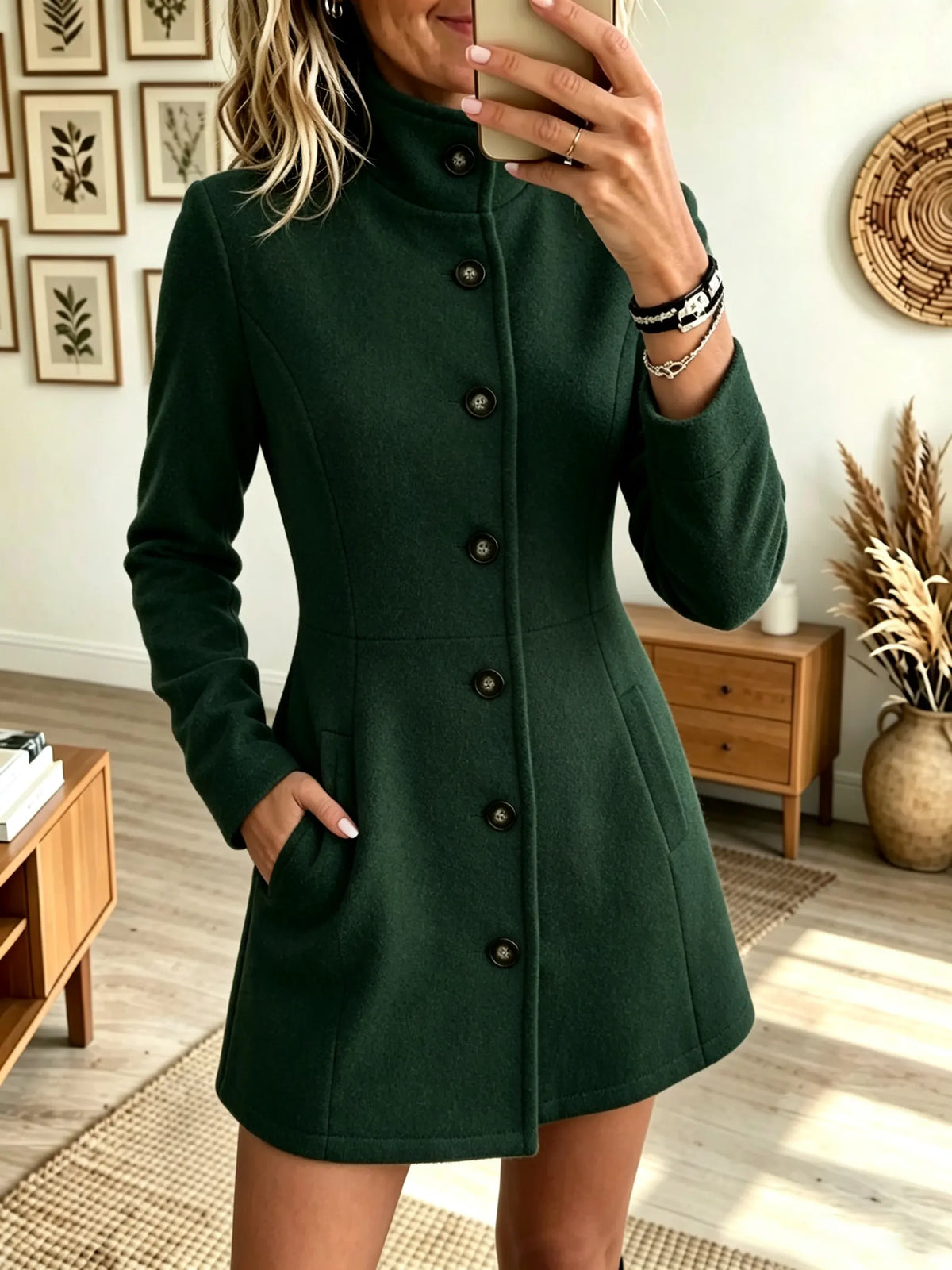Women's Stand Collar Button-Front Woolen Coat Dress