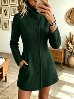 Women's Stand Collar Button-Front Woolen Coat Dress
