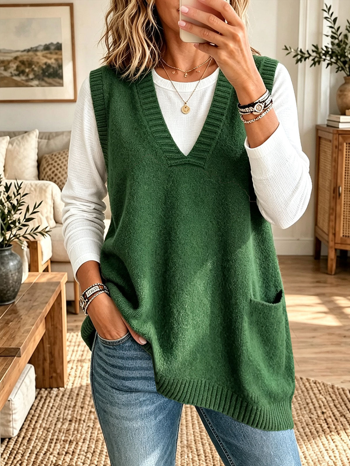 Women's V Neck Knit Vest, Solid Sleeveless Crop Chunky Sweater Vest