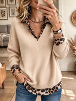 Women's Leopard Contrast Layered Ribbed Knit Sweater