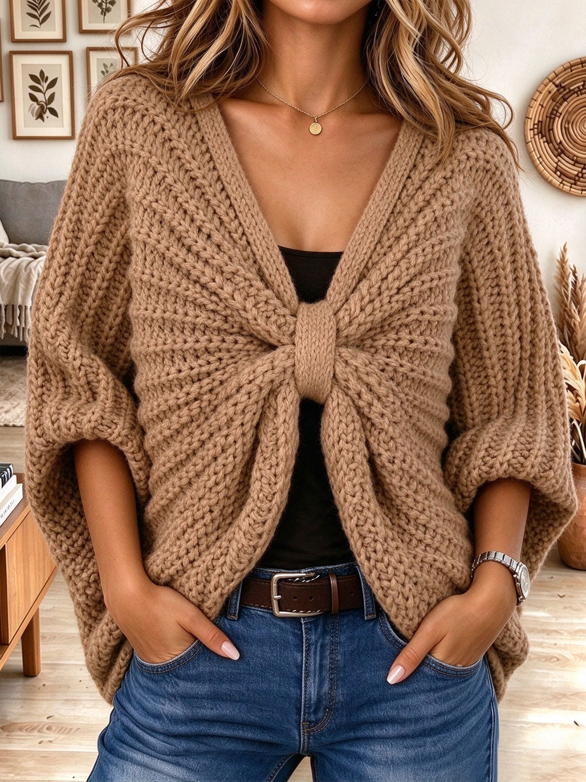 Women's Camel Chunky Knit Batwing Sleeve Cardigan with Front Bow Accent