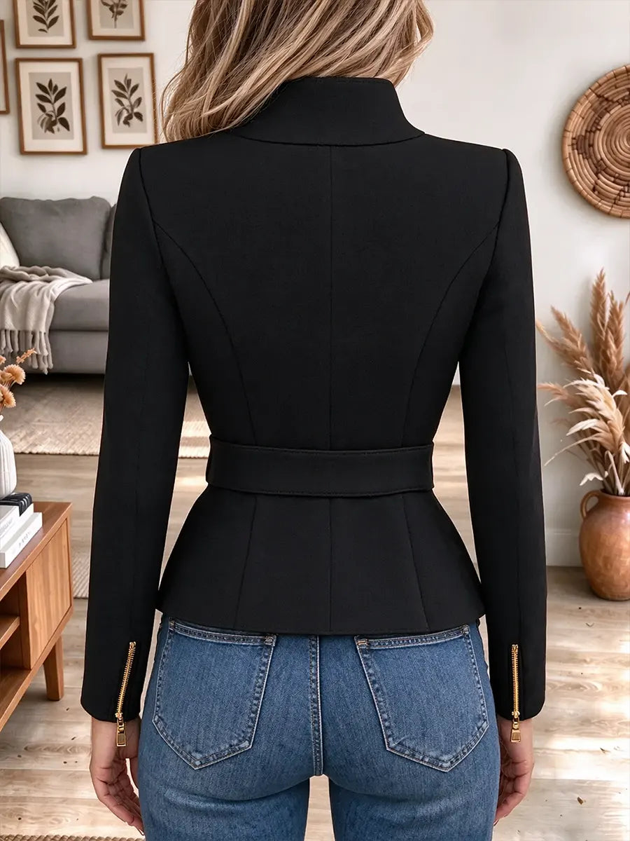 Women's Zipper Belted Waist Long Sleeve Slim Fitted Moto Coat