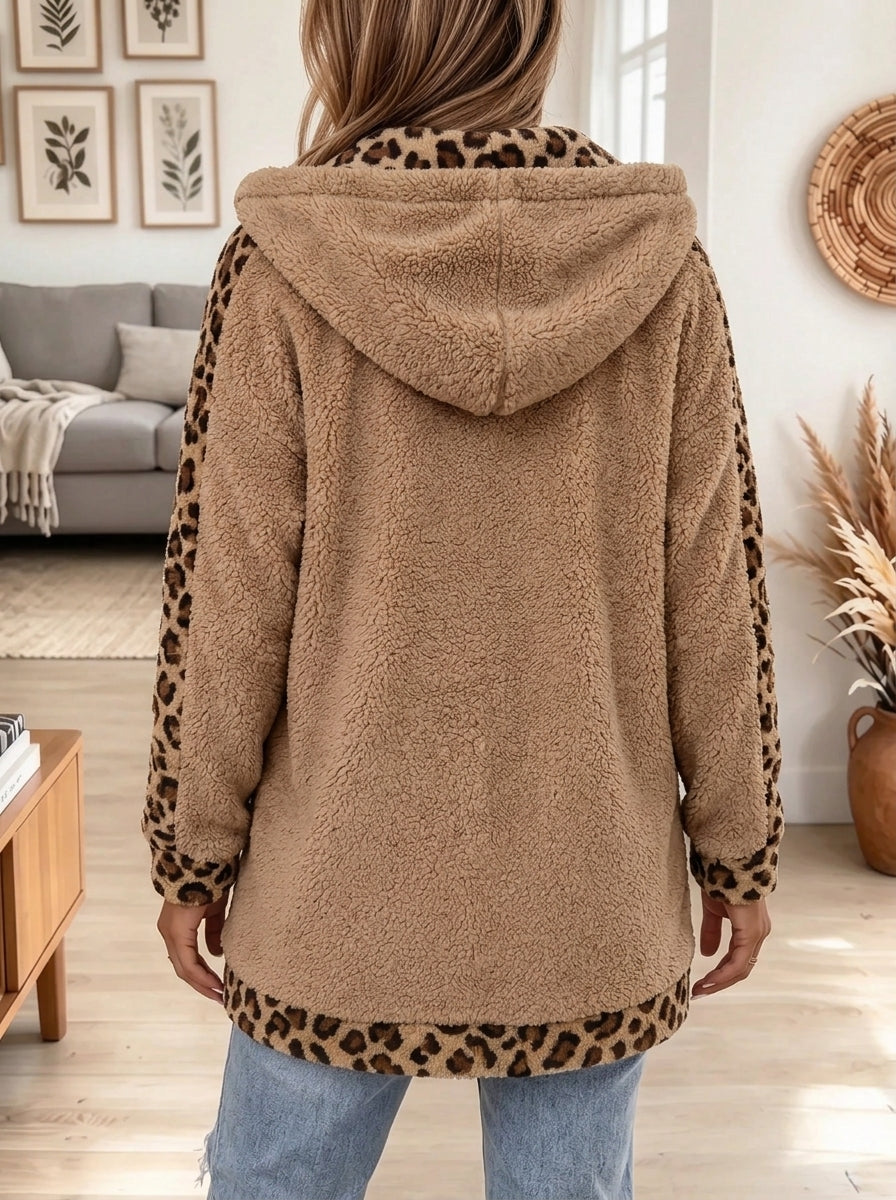 Women's Leopard Panel Sherpa Hooded Coat