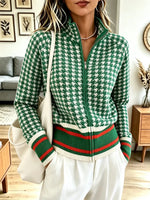 Retro Plaid Pattern Zip Knit Lapel Art Casual Stylish Long Sleeve Cardigan Sweater Coat