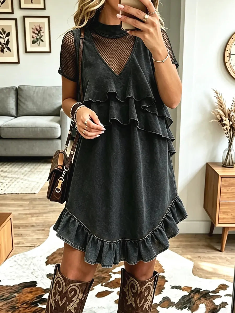 Vintage Western V Collar Ruffle Art Casual Stylish Midi Denim Dress