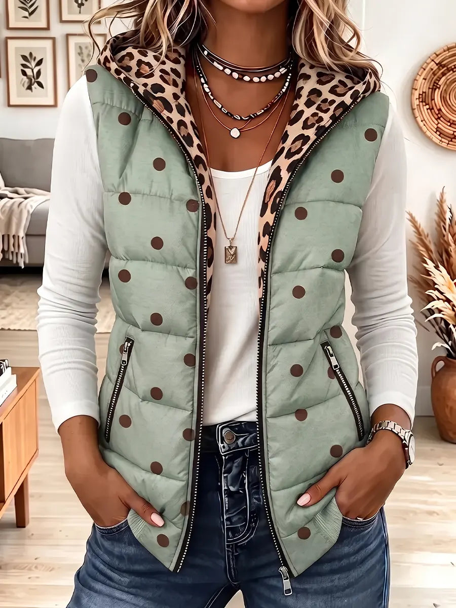 Vintage Elegant Leopard Print Patchwork Quilted Winter Jacket Vest