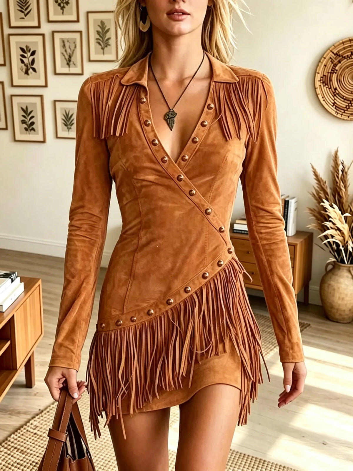 Women's Western Asymmetrical Fringe Studded Suede Dress