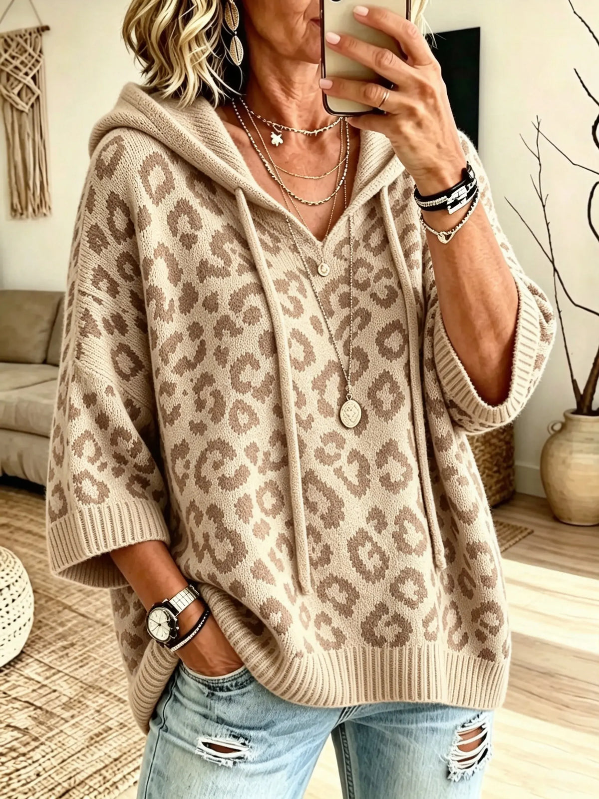 Women Leopard Print 3/4 Sleeve Hooded Knit Top