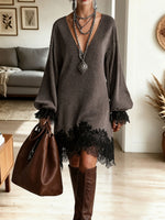 Women's Funnel Neck Sweatshirt Dress, Striped Hem Button Balloon Sleeve Tunic Dress