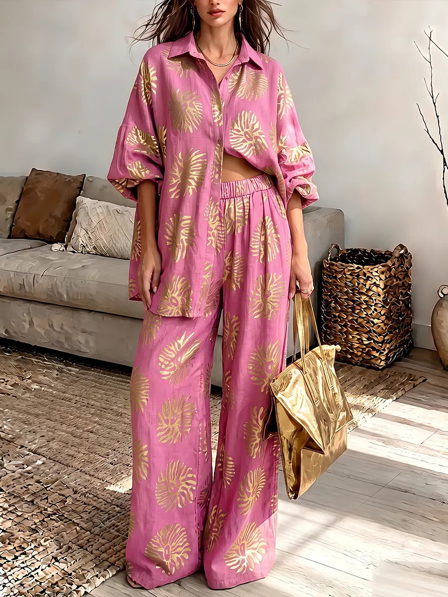 Vintage Elegant Shimmering Cotton-linen Shirt And Trousers Two-piece Set
