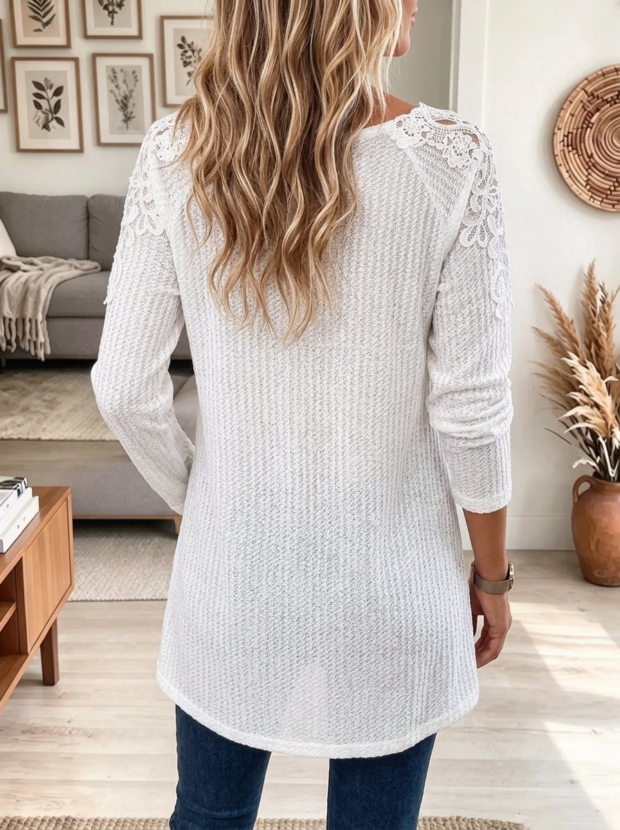 Women's Lace-Up Floral Lace Yoke Textured Tunic Top