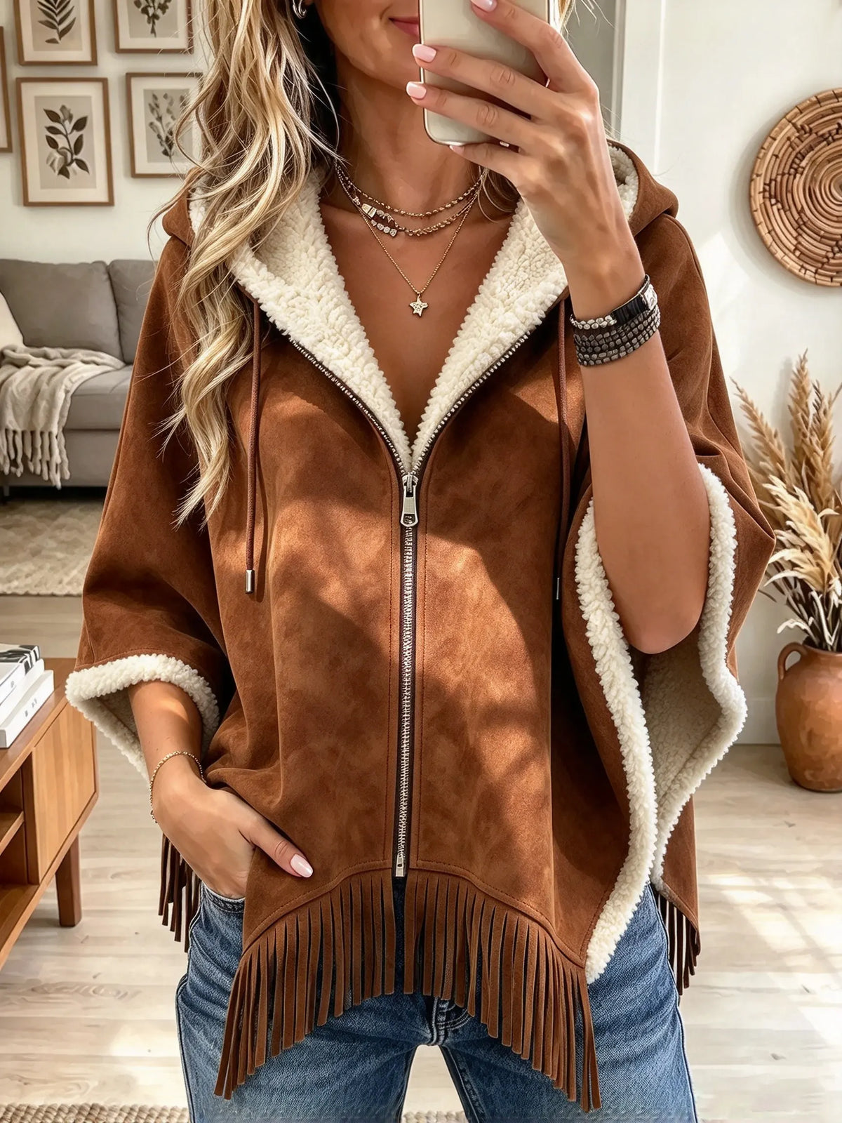 Women's Sherpa Trim Fringe Poncho Jacket