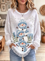 Women's Tiered Snowman Graphic Print Lace Trim Top