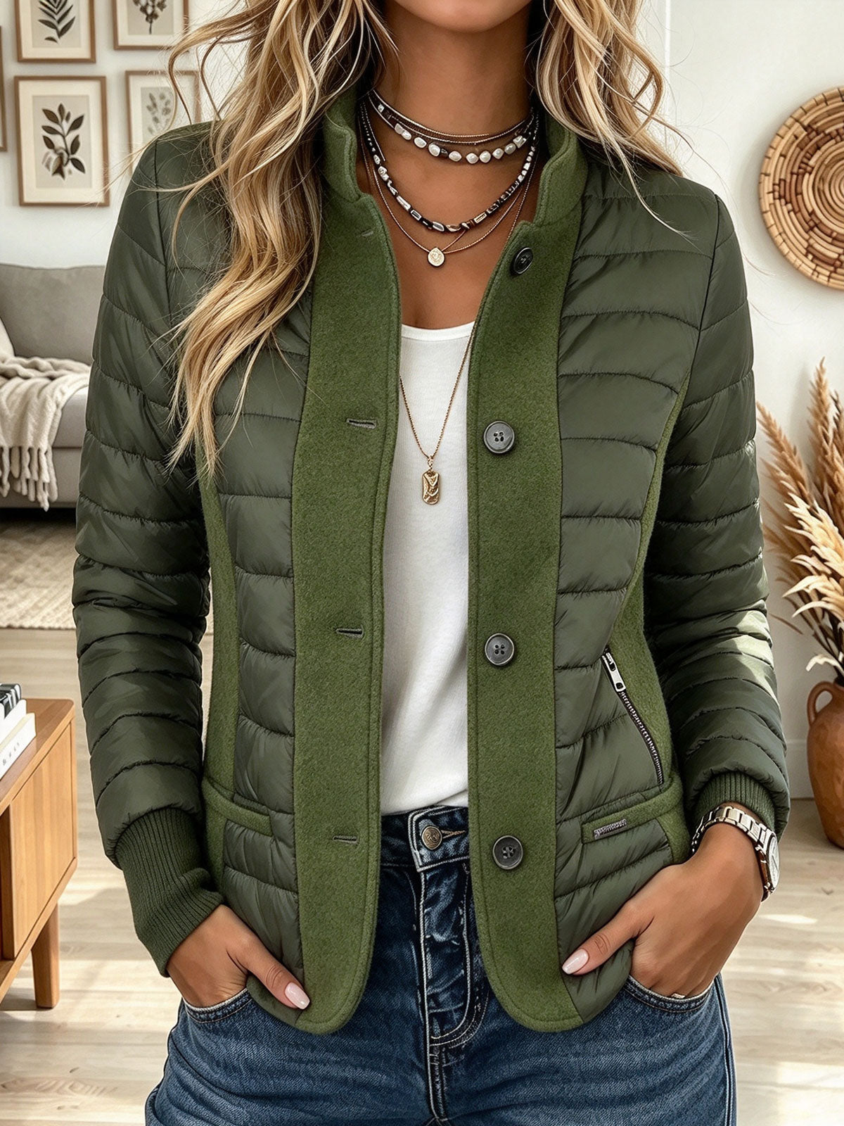 Women's Olive Green Quilted Puffer Jacket with Fleece Contrast Panels