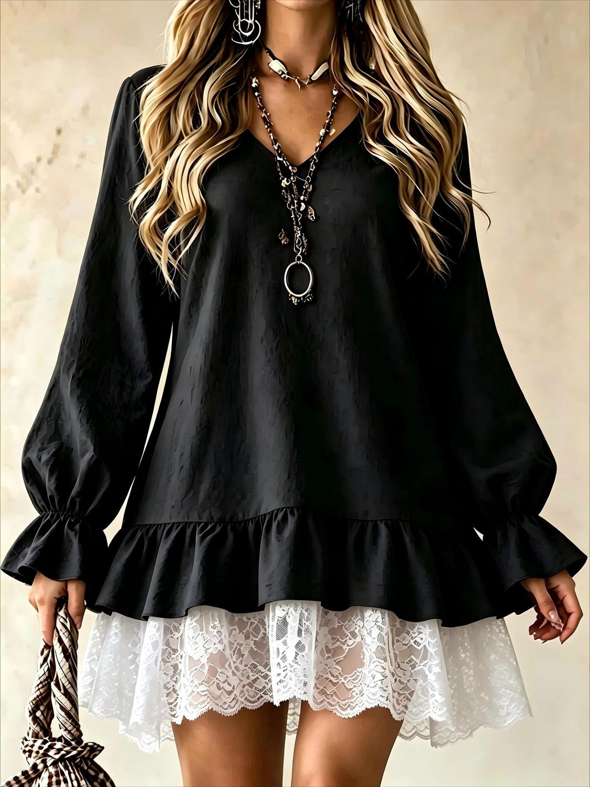 Women's Tiered Ruffle Lace Hem Babydoll Mini Dress