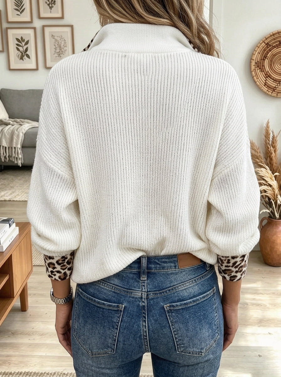 Women's Leopard Trim Zip-Up Sweater