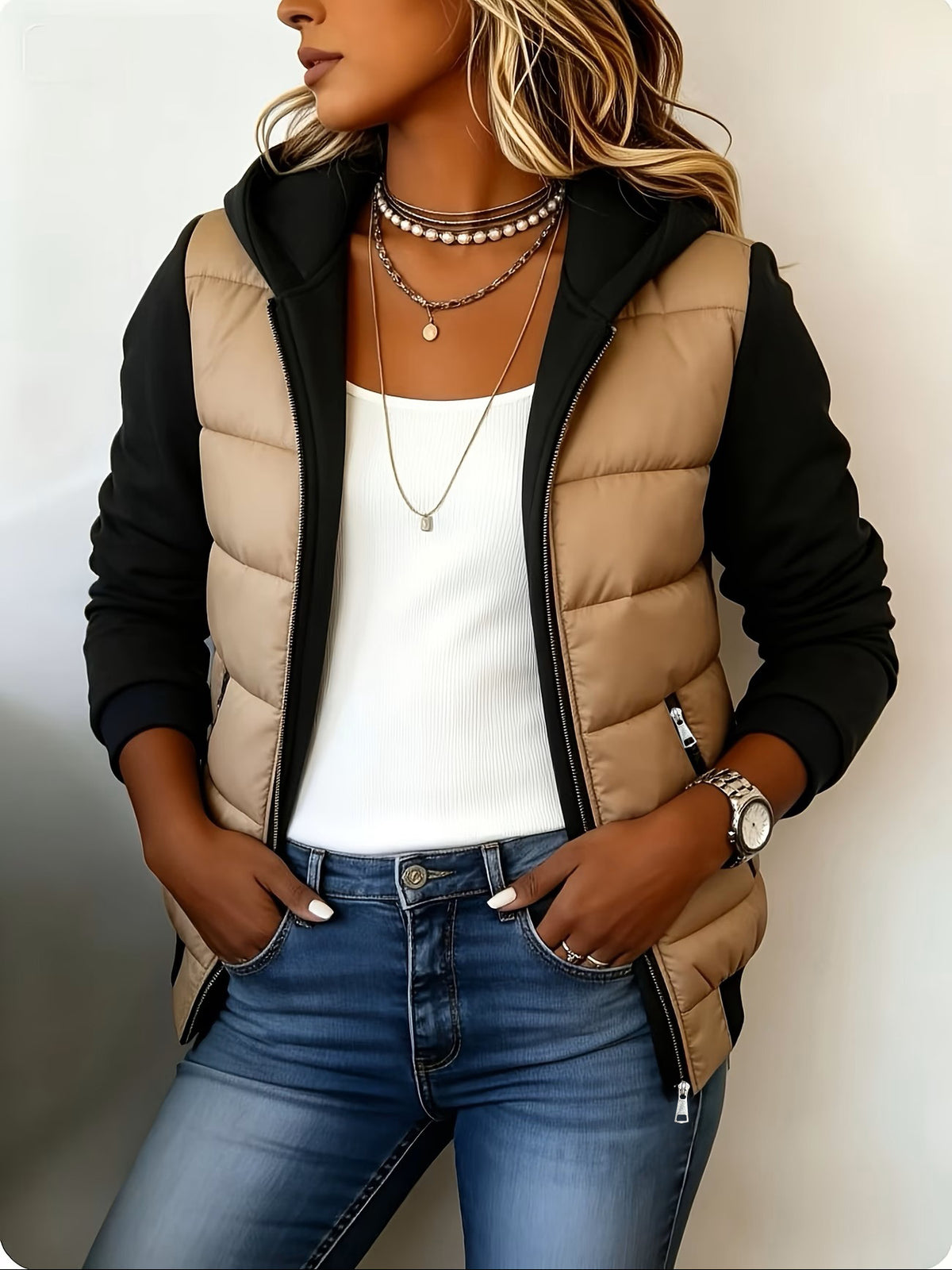 Women Color Block Hooded Puffer Zip Up Jacket