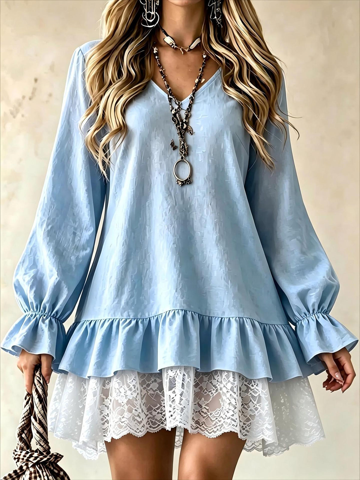 Women's Tiered Ruffle Lace Hem Babydoll Mini Dress
