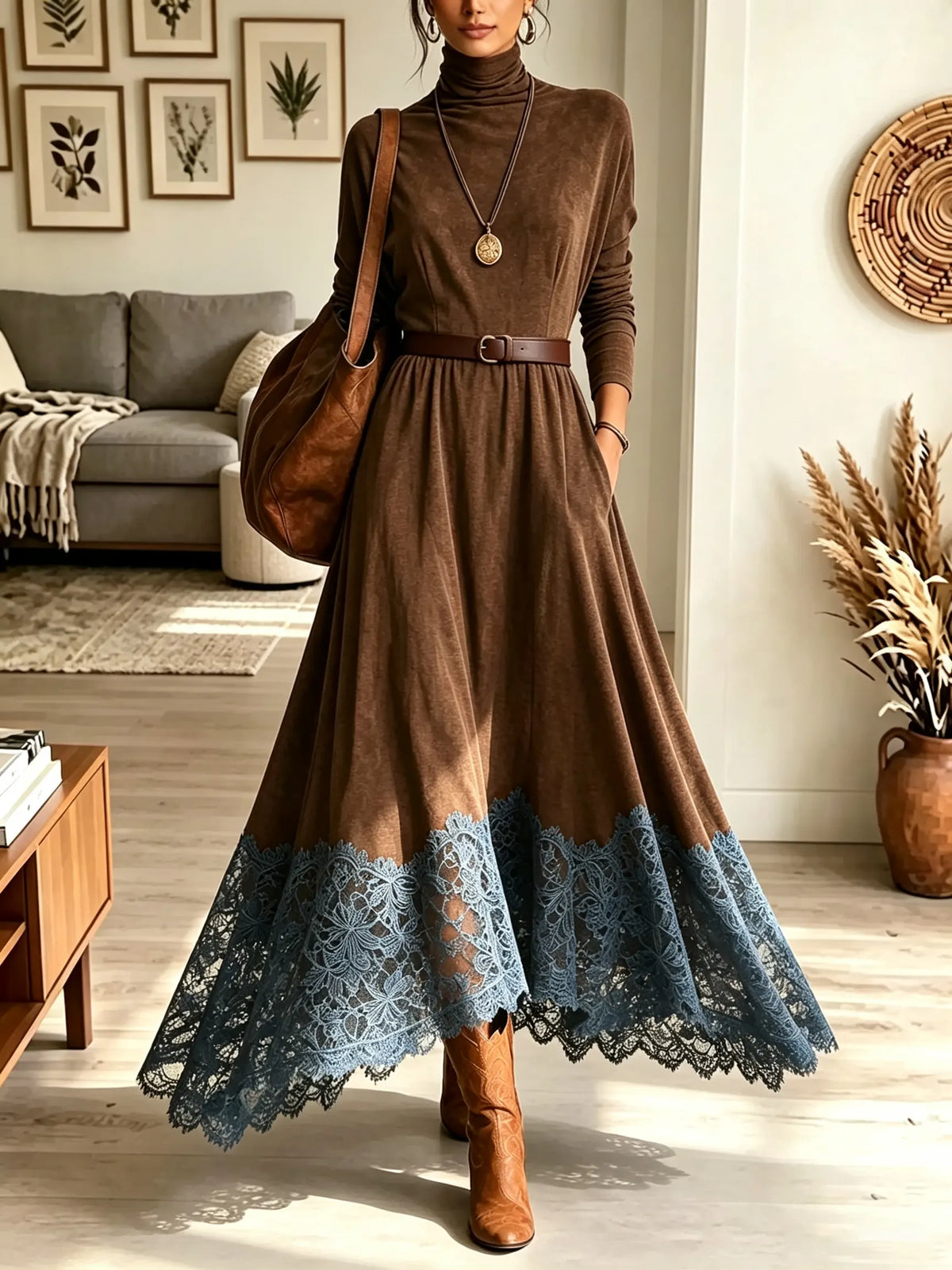 Women's Turtleneck Lace Hem Faux Suede Maxi Dress