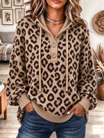Women's Leopard Print Knit Pullover Hoodie with Button Henley Placket