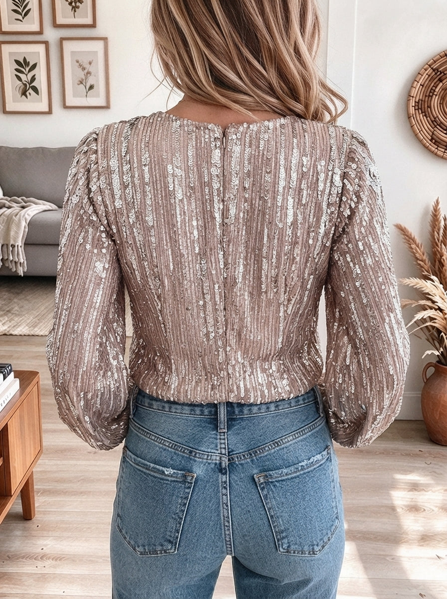 Women's Silver Shimmering Sequin V-Neck Long Sleeve Wrap Blouse