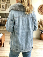 Women's Faux Fur Trim Hooded Denim Jacket