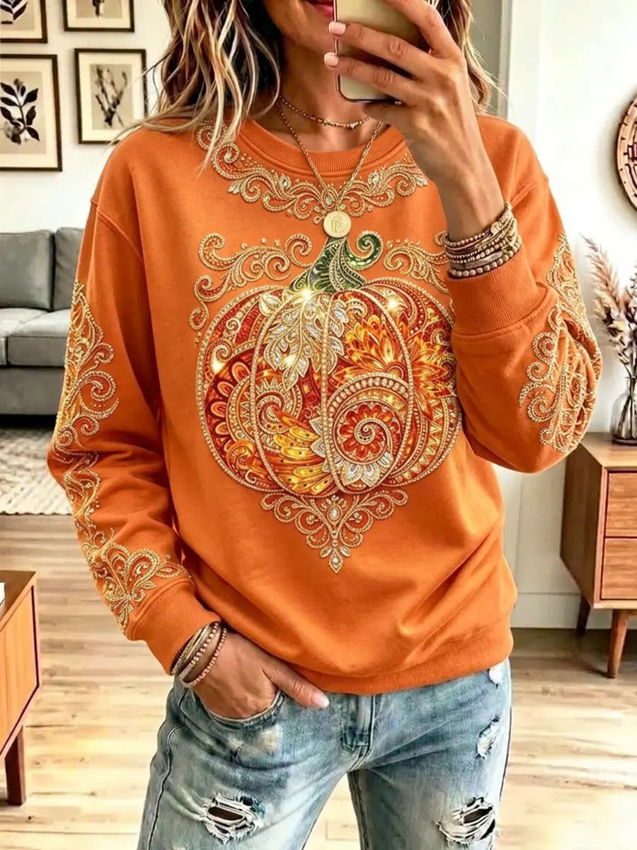 Vintage Pumpkin Autumn Pattern Art Casual Stylish Long Sleeve Sweatshirt