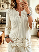 Women's Henley Ribbed Knit Top, Hollow Crochet Lace 3/4 Sleeve Casual Sweater Blouse