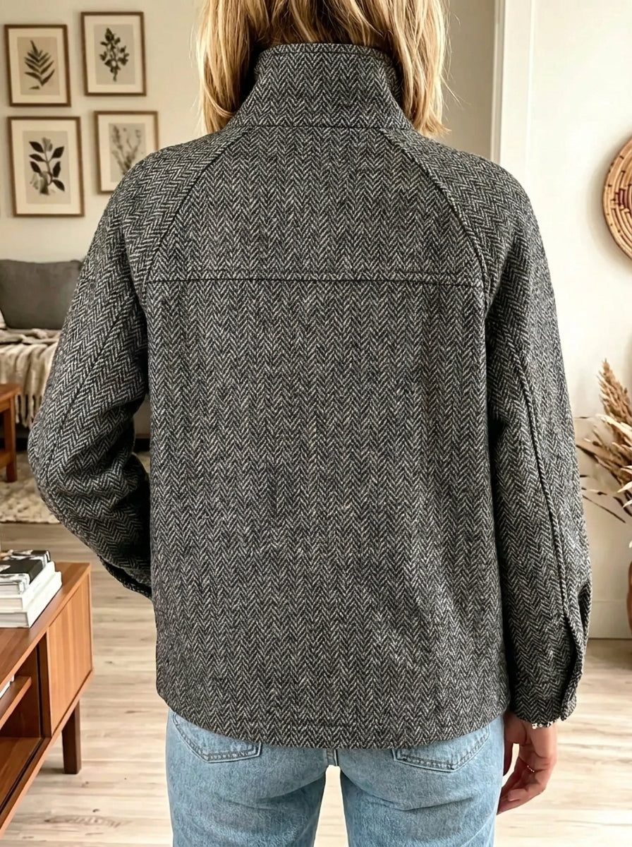 Women's Herringbone Stand Collar Short Woolen Shacket