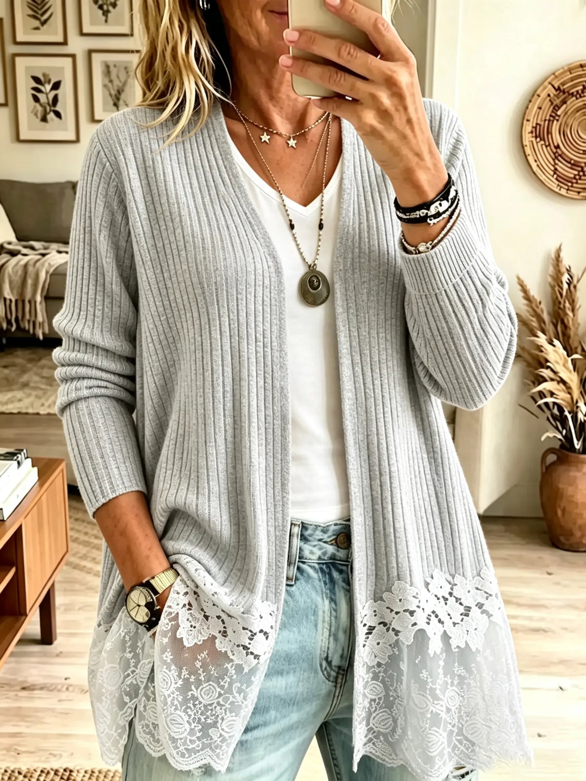 Women's Sheer Floral Lace Trim Ribbed Knit Cardigan